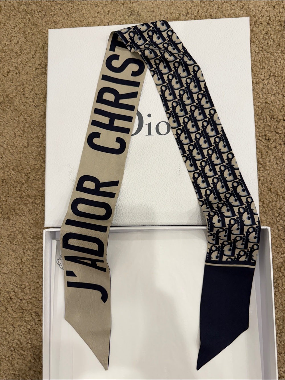 Christian Dior Bandana J’Adior Silk Twilly Scarf Ribbon Navy Beige Logo New Box